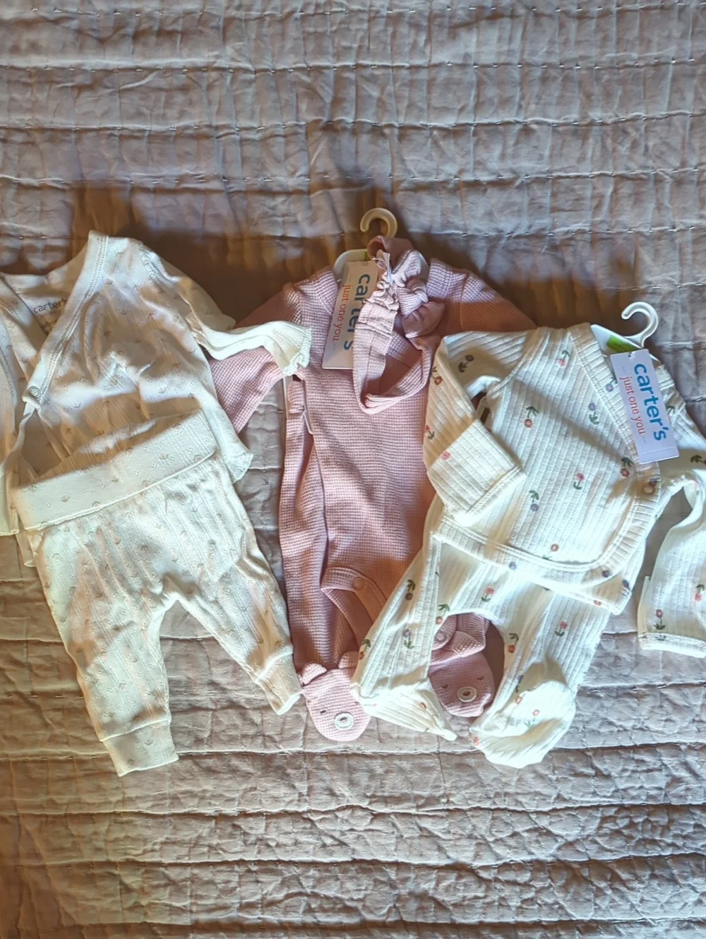 Carter's Pink Ribbed & Cream Floral Baby Footie Trio